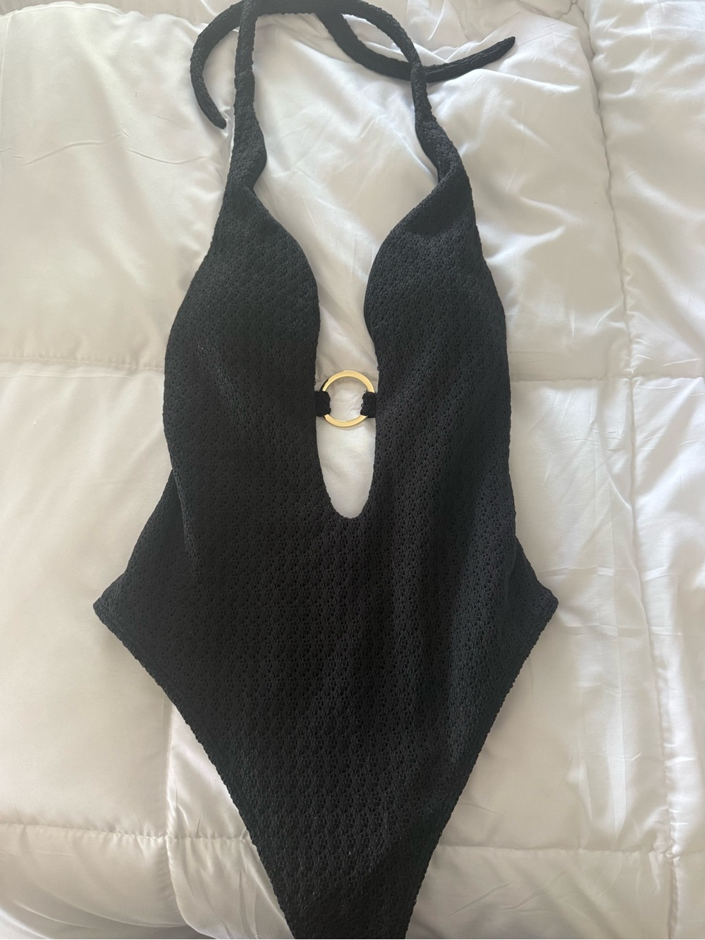 Abercrombie & Fitch Black Textured Halter Swimsuit with Gold Accent